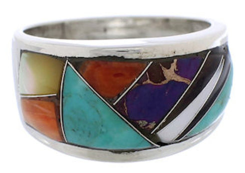 Southwestern Multicolor Inlay Silver Ring Size 6-3/4 EX50964